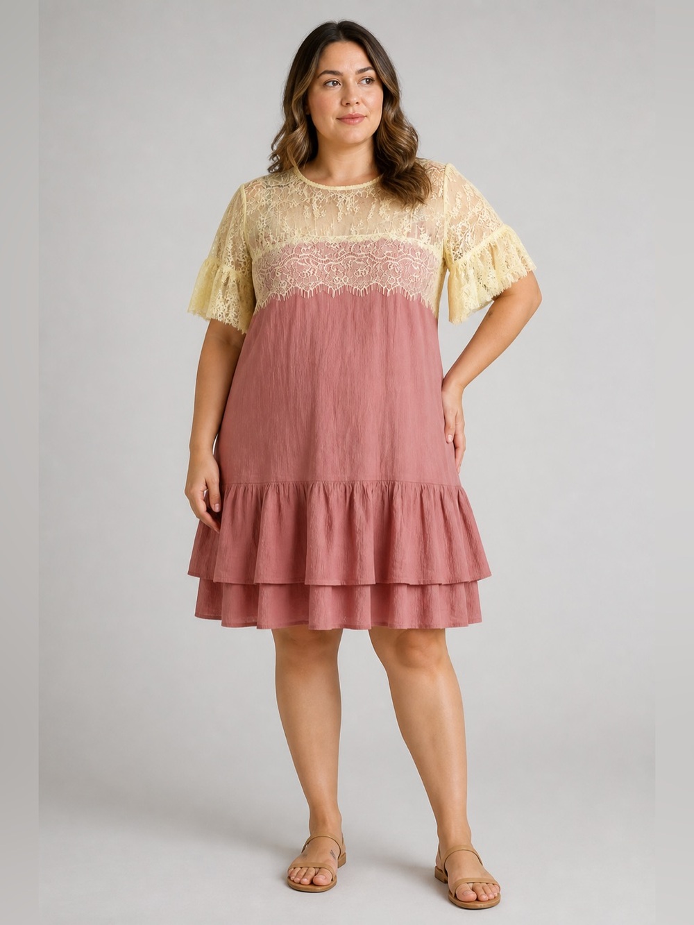 Umgee Lace Ruffle Tiered Hem Dress